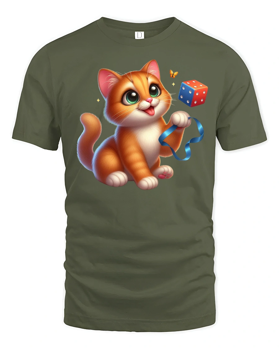 Cute Orange Kitten Playful Tee - 1 Cute Orange Kitten Playful Tee - military green t-shirt on white background