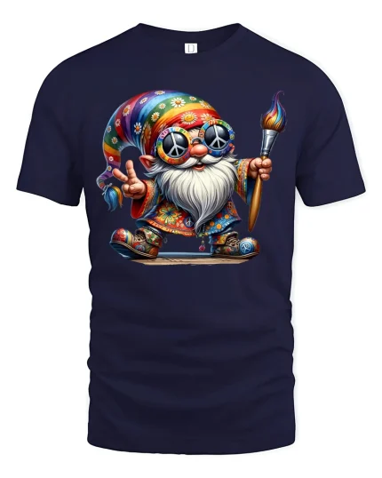 Hippie Gnome Peace Painter T-shirt - navy t-shirt on white background