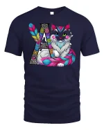 Boho Cat with Feathers Artistic T-shirt - navy t-shirt on white background