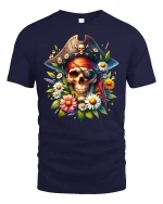 Pirate Skull and Flowers T-shirt - navy t-shirt on white background