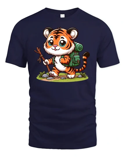 Cute Hiking Tiger Tee - navy t-shirt on white background