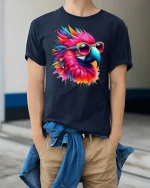 Colorful Parrot Sunglasses Graphic Tee - model wearing Navy T-shirt, hands in pockets, denim shirt at waist