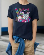 Boho Cat with Feathers Artistic T-shirt - model wearing Navy T-shirt, hands in pockets, denim shirt at waist