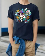 Hip Hop Bunny Graphic Tee - model wearing Navy T-shirt, hands in pockets, denim shirt at waist