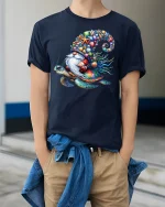 Ocean Gnome Riding Sea Turtle Tee - model wearing Navy T-shirt, hands in pockets, denim shirt at waist