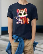 Cute Accordion Cat Music Lover Tee - model wearing Navy T-shirt, hands in pockets, denim shirt at waist