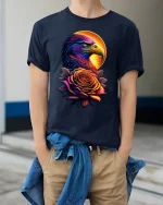 Majestic Eagle and Rose Sunset T-shirt - model wearing Navy T-shirt, hands in pockets, denim shirt at waist