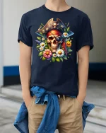 Pirate Skull and Flowers T-shirt - model wearing Navy T-shirt, hands in pockets, denim shirt at waist