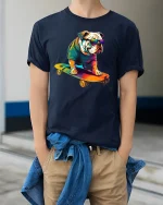 Skateboarding Bulldog Cool T-shirt - model wearing Navy T-shirt, hands in pockets, denim shirt at waist