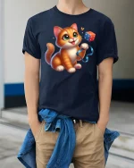 Cute Orange Kitten Playful Tee - model wearing Navy T-shirt, hands in pockets, denim shirt at waist