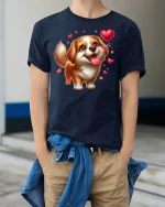 Cute Puppy Love Hearts Tee - model wearing Navy T-shirt, hands in pockets, denim shirt at waist
