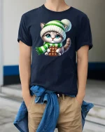 Cute Winter Kitten Chocolate Lover Tee - model wearing Navy T-shirt, hands in pockets, denim shirt at waist
