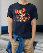 Cute Leopard Kitten Plush Tee - model wearing Navy T-shirt, hands in pockets, denim shirt at waist