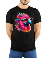 Colorful Parrot Sunglasses Graphic Tee - model with hands behind back, wearing Black T-shirt and blue jeans