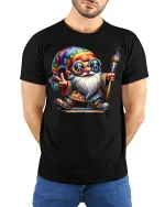 Hippie Gnome Peace Painter T-shirt - model with hands behind back, wearing Black T-shirt and blue jeans