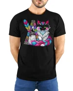 Boho Cat with Feathers Artistic T-shirt - model with hands behind back, wearing Black T-shirt and blue jeans
