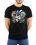 Hip Hop Bunny Graphic Tee - model with hands behind back, wearing Black T-shirt and blue jeans