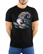 Ocean Gnome Riding Sea Turtle Tee - model with hands behind back, wearing Black T-shirt and blue jeans