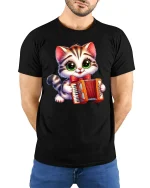 Cute Accordion Cat Music Lover Tee - model with hands behind back, wearing Black T-shirt and blue jeans