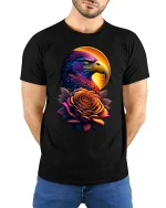 Majestic Eagle and Rose Sunset T-shirt - model with hands behind back, wearing Black T-shirt and blue jeans