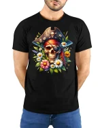 Pirate Skull and Flowers T-shirt - model with hands behind back, wearing Black T-shirt and blue jeans