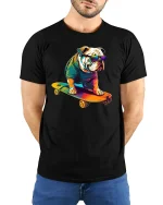 Skateboarding Bulldog Cool T-shirt - model with hands behind back, wearing Black T-shirt and blue jeans