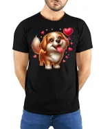 Cute Puppy Love Hearts Tee - model with hands behind back, wearing Black T-shirt and blue jeans