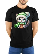 Cute Winter Kitten Chocolate Lover Tee - model with hands behind back, wearing Black T-shirt and blue jeans