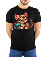Cute Leopard Kitten Plush Tee - model with hands behind back, wearing Black T-shirt and blue jeans