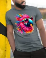 Colorful Parrot Sunglasses Graphic Tee - model leaning on yellow-black pole, wearing Gray T-shirt, hand in pocket