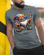 Hippie Gnome Peace Painter T-shirt - model leaning on yellow-black pole, wearing Gray T-shirt, hand in pocket