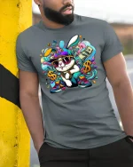 Hip Hop Bunny Graphic Tee - model leaning on yellow-black pole, wearing Gray T-shirt, hand in pocket