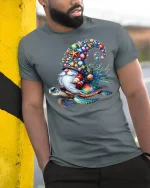 Ocean Gnome Riding Sea Turtle Tee - model leaning on yellow-black pole, wearing Gray T-shirt, hand in pocket