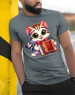 Cute Accordion Cat Music Lover Tee - model leaning on yellow-black pole, wearing Gray T-shirt, hand in pocket