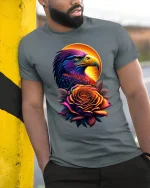 Majestic Eagle and Rose Sunset T-shirt - model leaning on yellow-black pole, wearing Gray T-shirt, hand in pocket