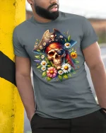 Pirate Skull and Flowers T-shirt - model leaning on yellow-black pole, wearing Gray T-shirt, hand in pocket