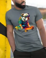 Skateboarding Bulldog Cool T-shirt - model leaning on yellow-black pole, wearing Gray T-shirt, hand in pocket