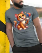Cute Orange Kitten Playful Tee - model leaning on yellow-black pole, wearing Gray T-shirt, hand in pocket