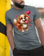 Cute Puppy Love Hearts Tee - model leaning on yellow-black pole, wearing Gray T-shirt, hand in pocket