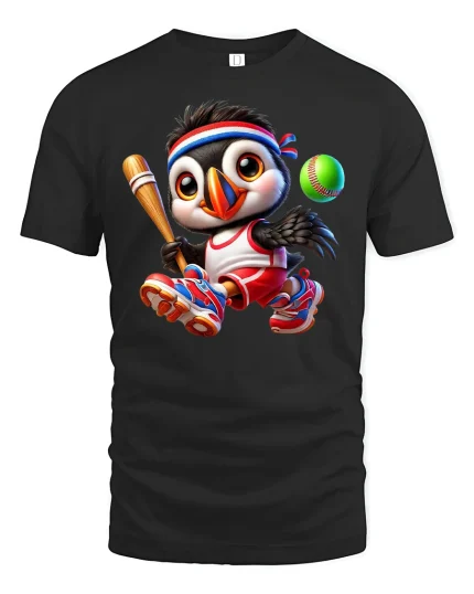 Cute Baseball Penguin Sports Tee - black t-shirt on white background