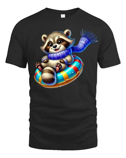 Cute Winter Raccoon Snow Tube Tee - black t-shirt on white background
