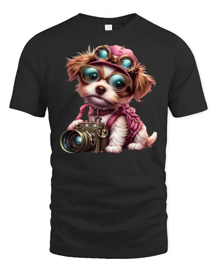 Cute Photographer Dog Camera Tee - black t-shirt on white background