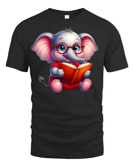 Smart Reading Elephant Tee - black t-shirt on white background