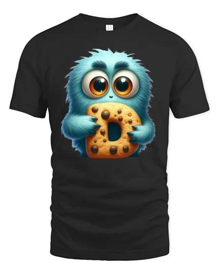 Cute Cookie Monster D Letter Tee - black t-shirt on white background