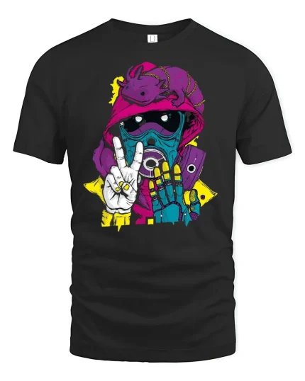 Cyberpunk Peace Sign Hooded Mask T-shirt - black t-shirt on white background