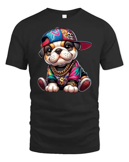 Hip Hop Bulldog Puppy Tee - black t-shirt on white background