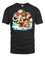 Cute Mammoth Family Cartoon T-shirt - black t-shirt on white background