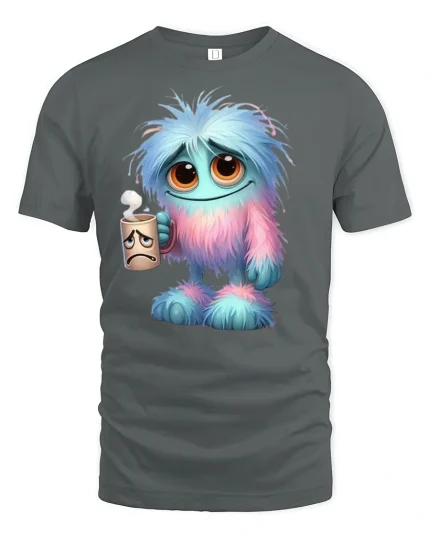 Funny Coffee Monster Tee - gray t-shirt on white background