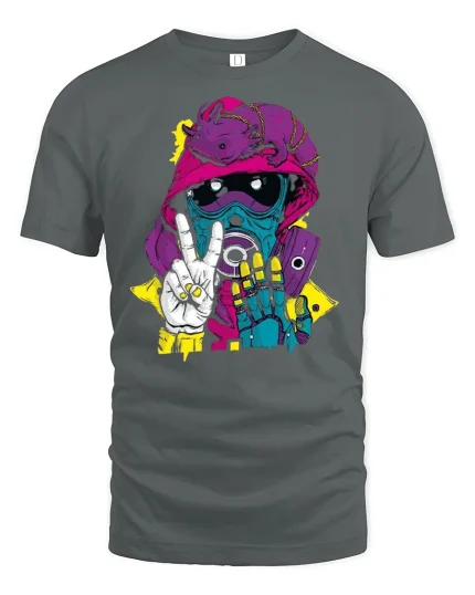 Cyberpunk Peace Sign Hooded Mask T-shirt - gray t-shirt on white background