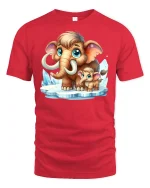Cute Mammoth Family Cartoon T-shirt - red t-shirt on white background